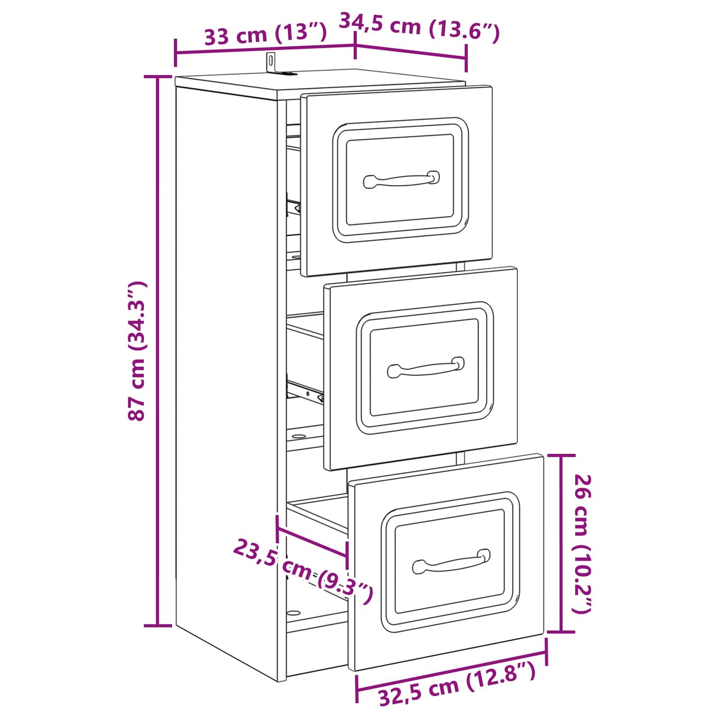 Drawer Cabinet Smoked Oak 33 x 34.5 x 87 cm Engineered Wood