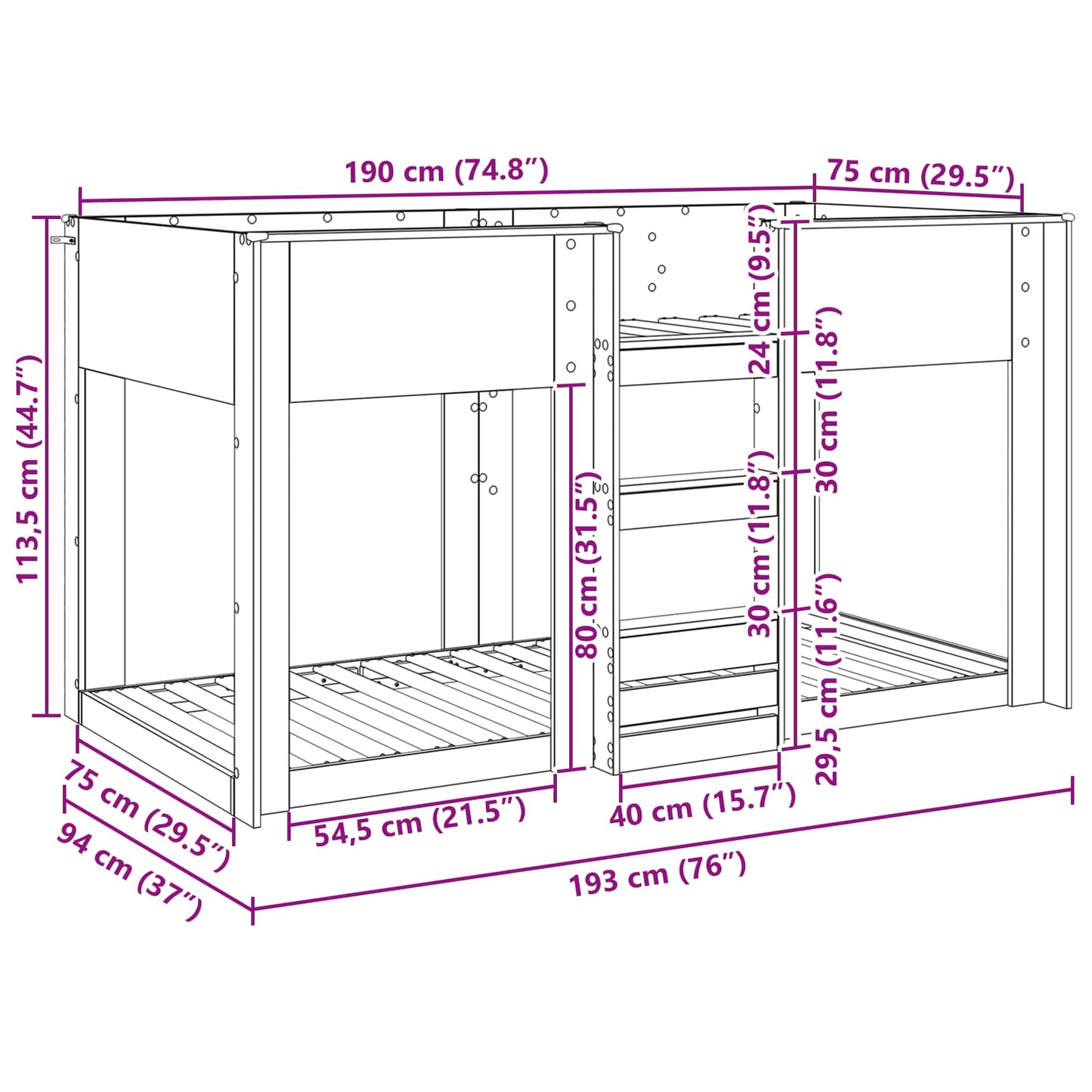 Bunk Bed for Kids White 75 x 190 cm Engineered Wood