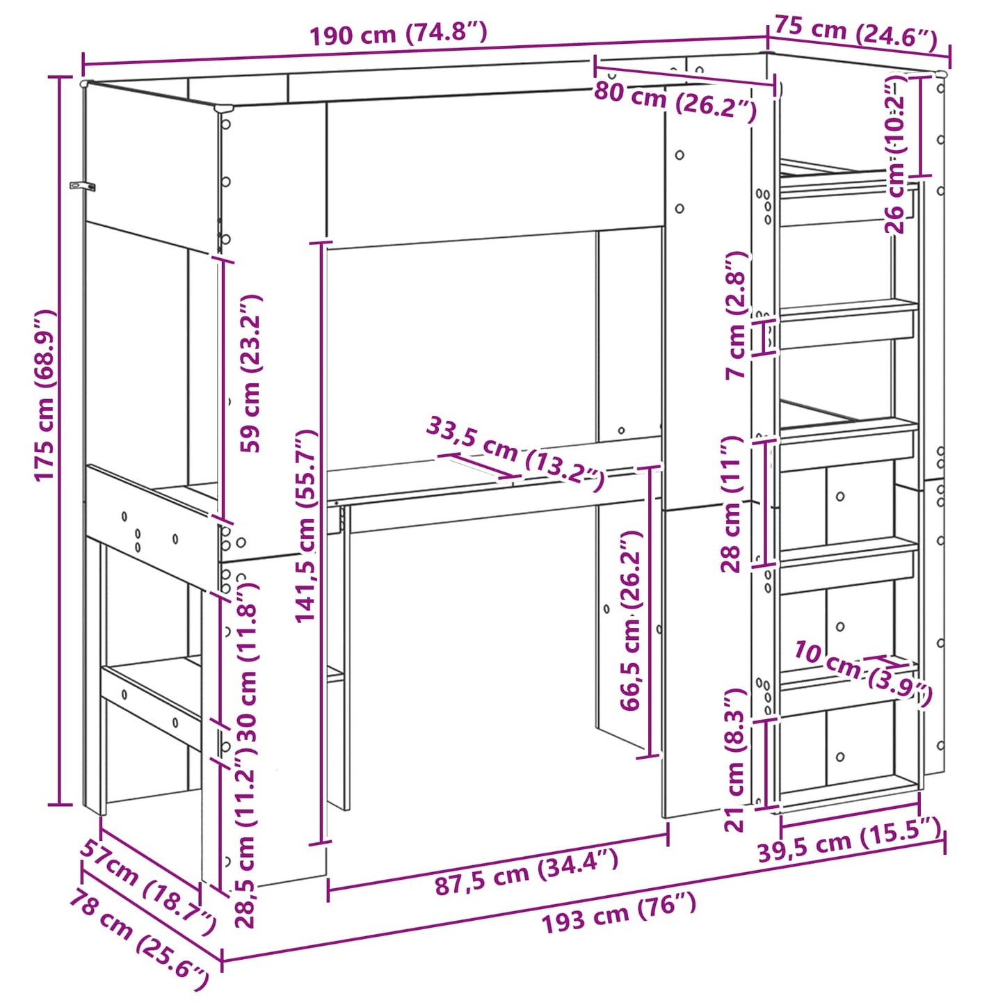 Loft Bed Frame with Desk with Storage Concrete Grey 75 x 190 cm