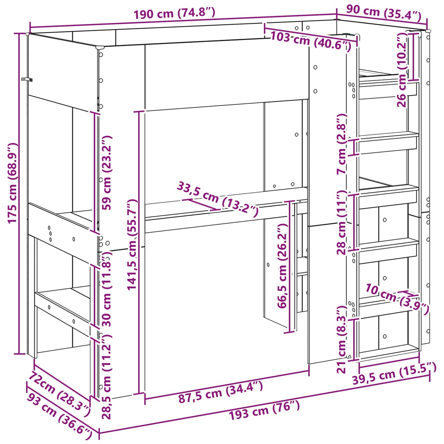 Loft Bed Frame with Desk Black Oak 90 x 190 cm Engineered Wood