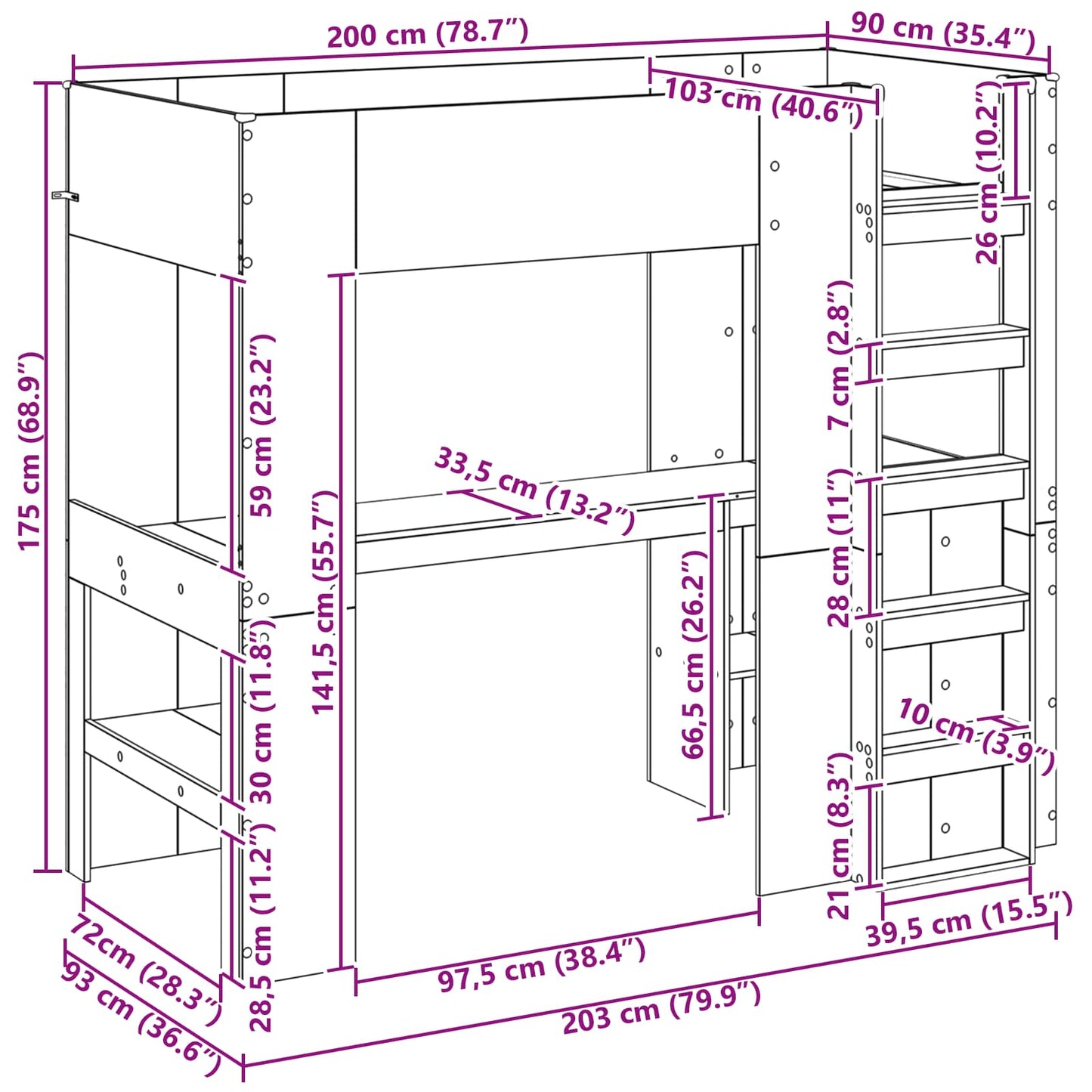 Loft Bed Frame with Desk Smoked Oak 90 x 200 cm Engineered Wood