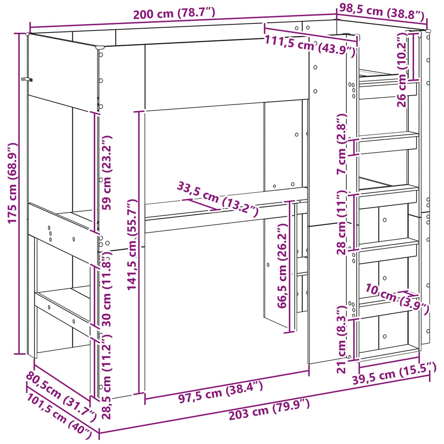Loft Bed Frame with Desk with Storage Smoked Oak 100 x 200 cm