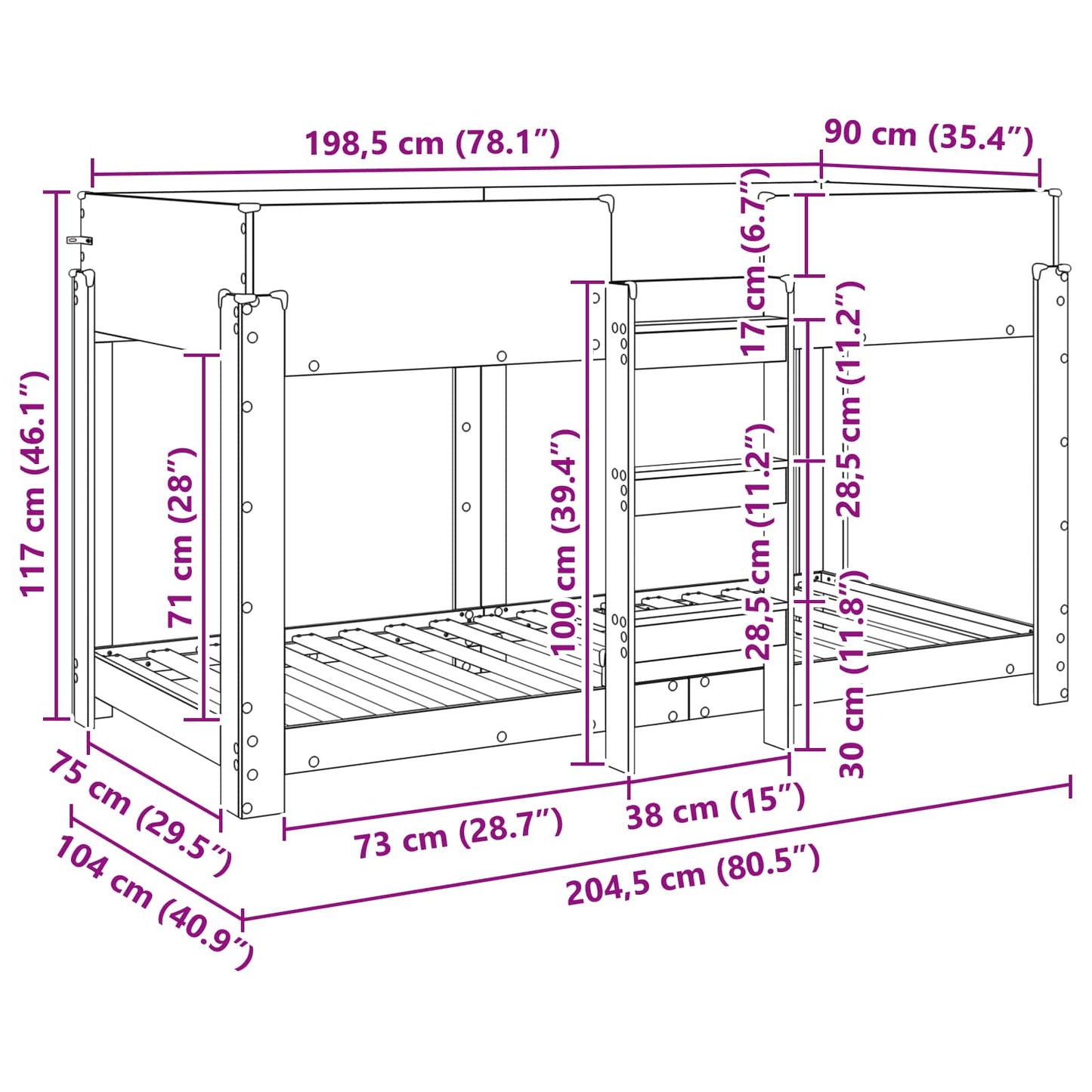 Bunk Bed for Kids Black Oak 90 x 200 cm Engineered Wood