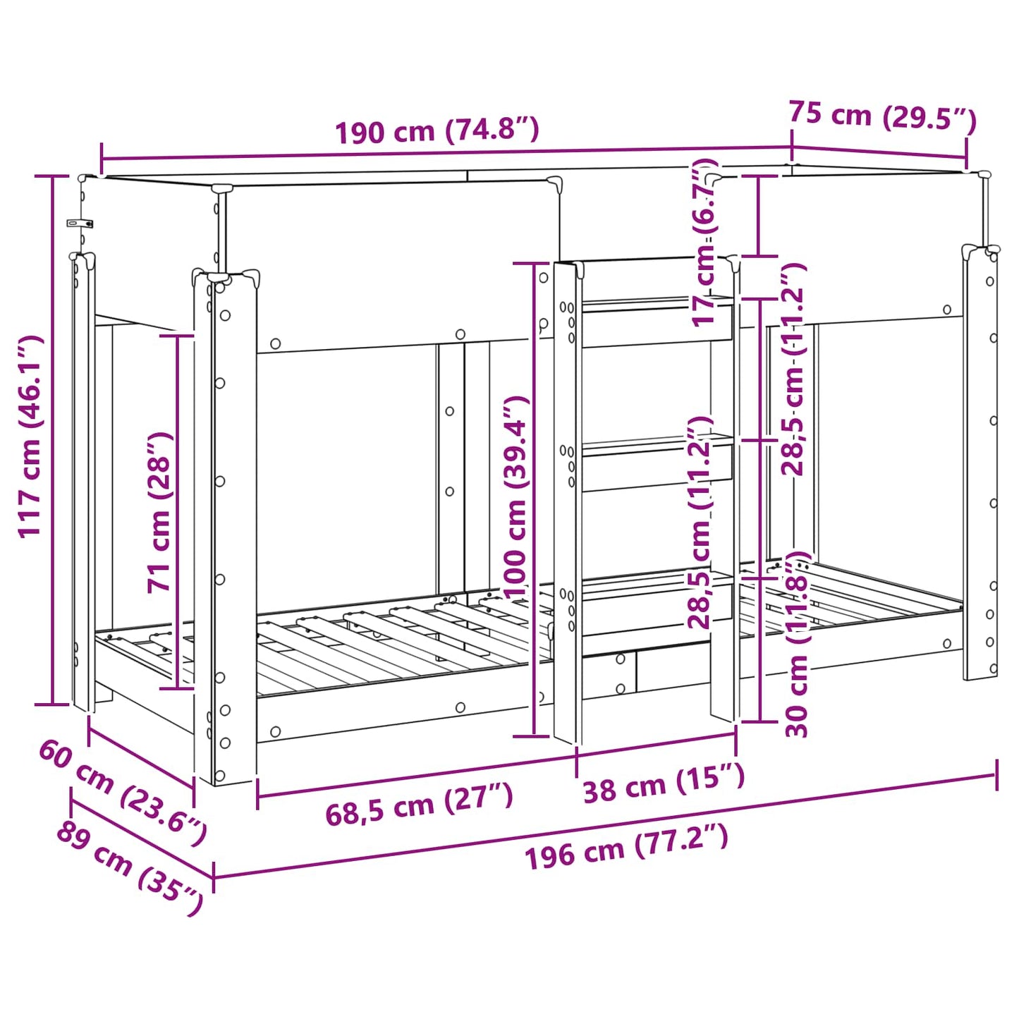 Bunk Bed for Kids White 75 x 190 cm Engineered Wood