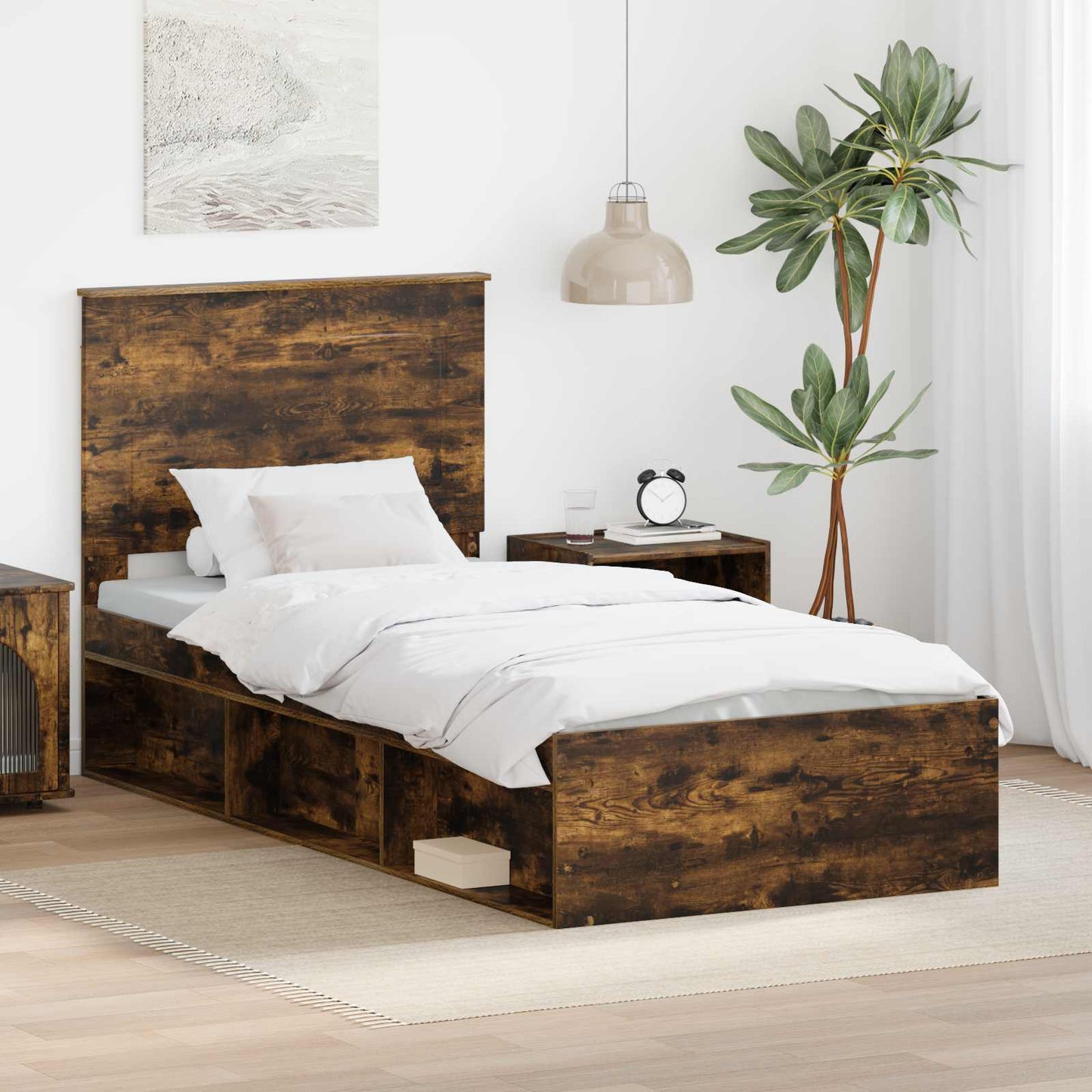 Bed Frame with Headboard Smoked Oak 90 x 190 cm Solid Pine Wood