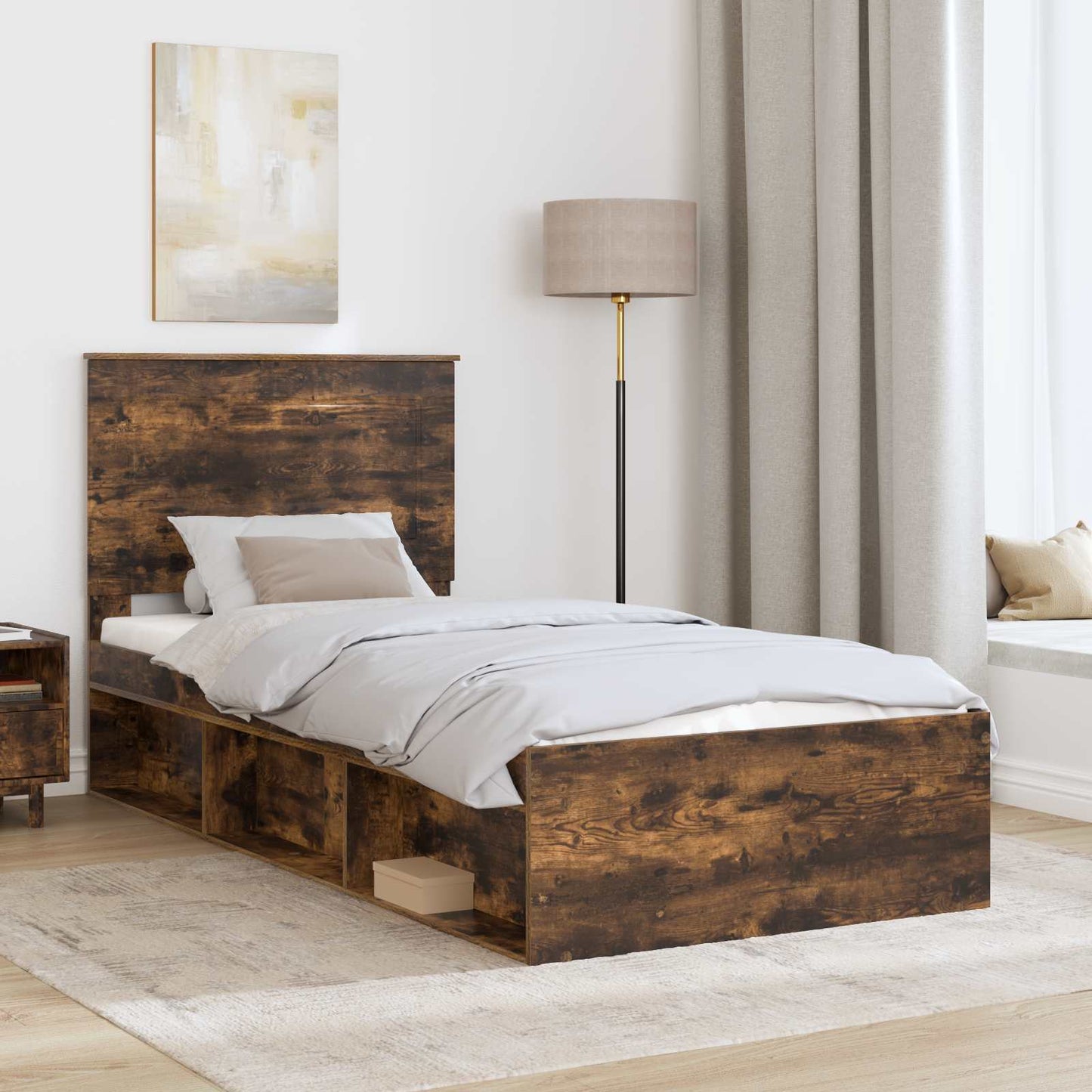 Bed Frame with Headboard Smoked Oak 90 x 190 cm Solid Pine Wood