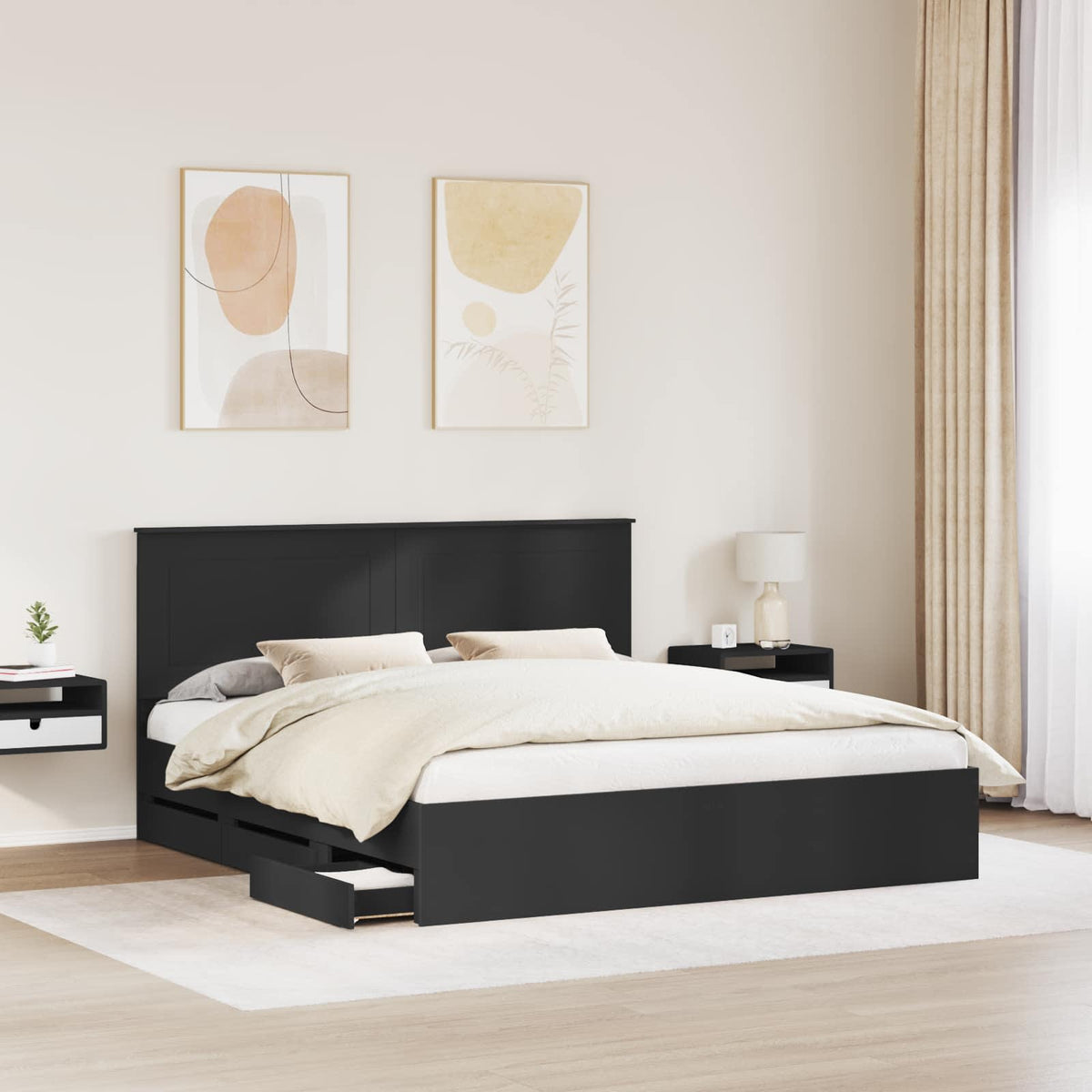 Bed Frame with Drawer Black 200 x 200 cm Engineer Wood
