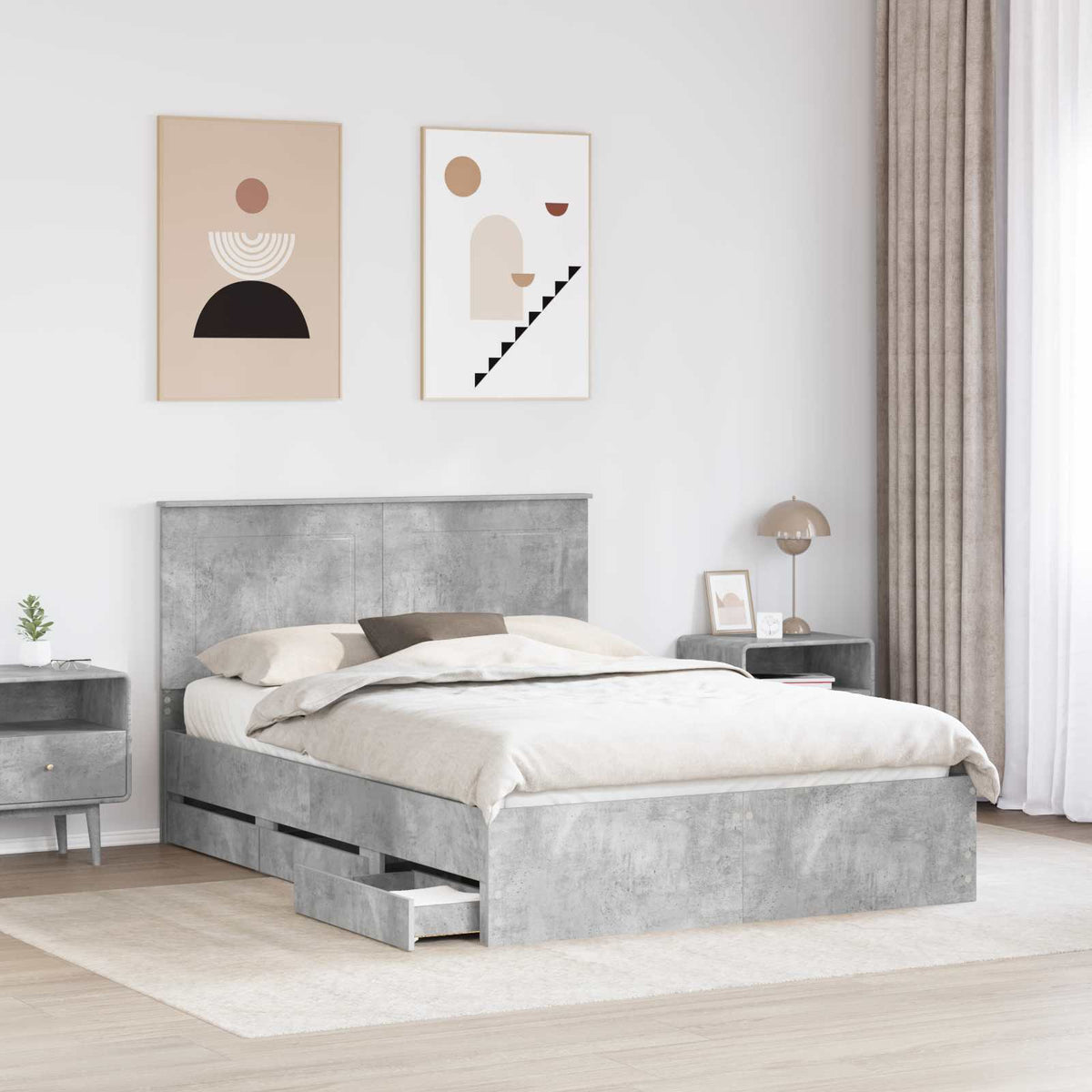 Bed Frame with Drawer Concrete Grey 150 x 200 cm Engineer Wood