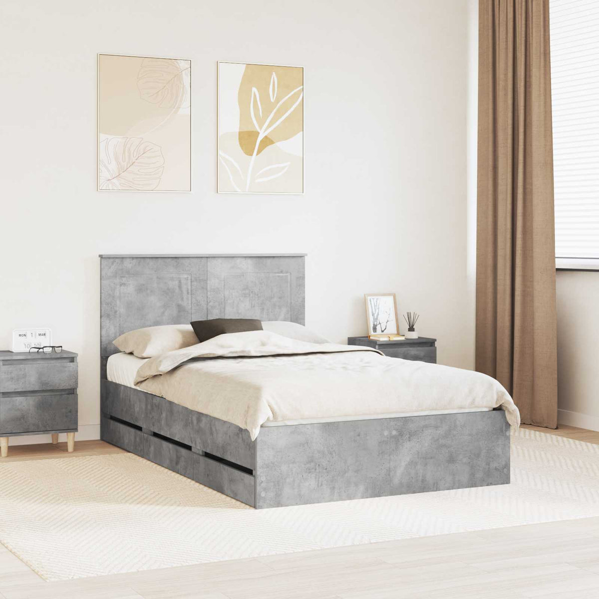 Bed Frame with Drawer Concrete Grey 135 x 190 cm Engineer Wood