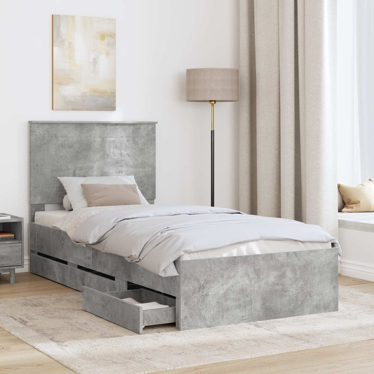 Bed Frame with Drawer Concrete Grey 75 x 190 cm Engineer Wood