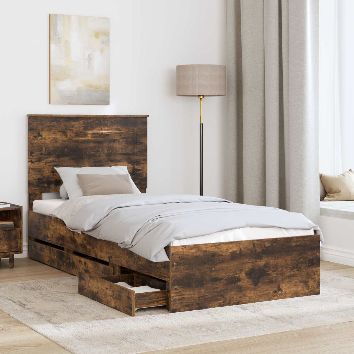 Bed Frame with Drawer Smoked Oak 75 x 190 cm Engineer Wood