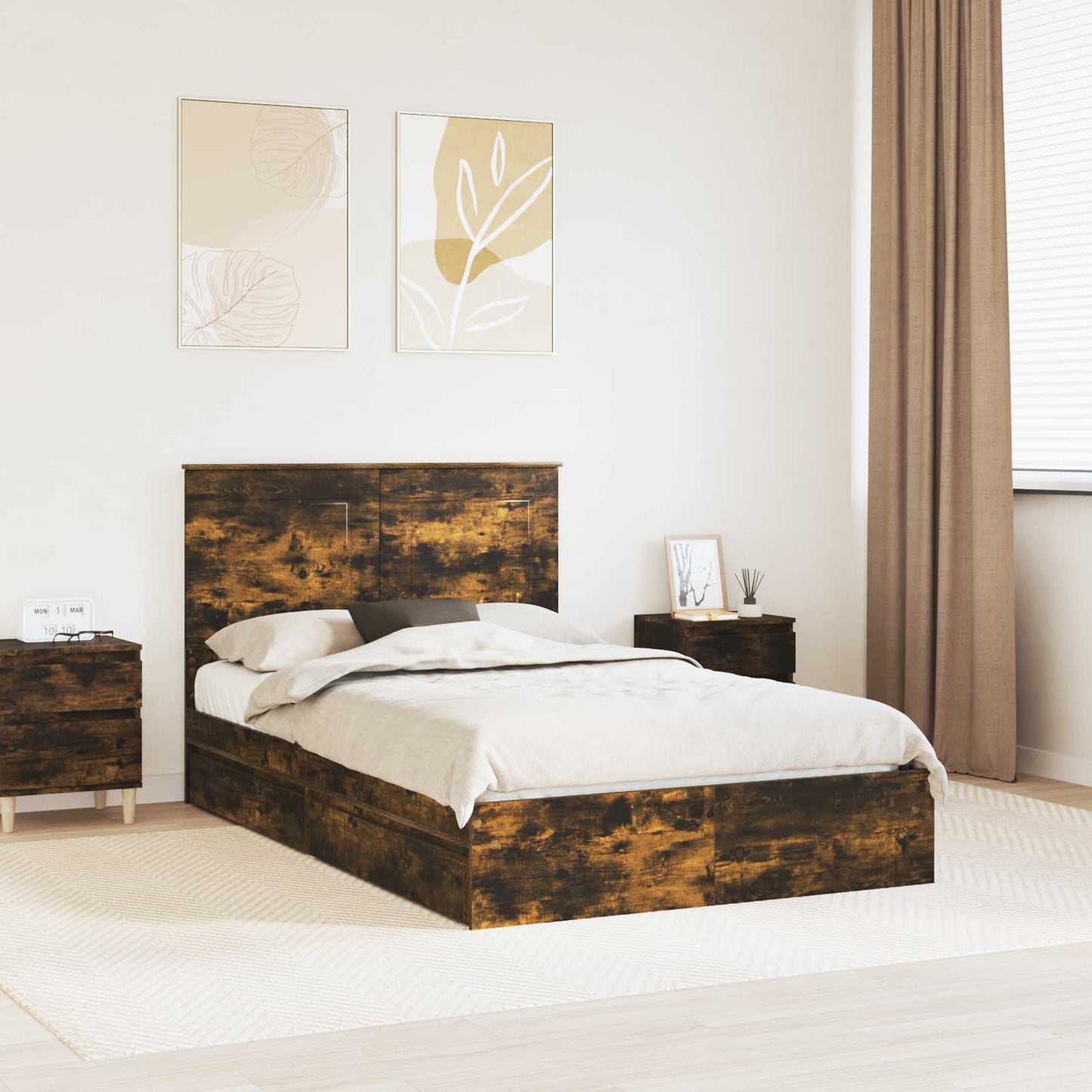 Storage Bed with Drawer Smoked Oak 135 x 190 cm Engineered Wood