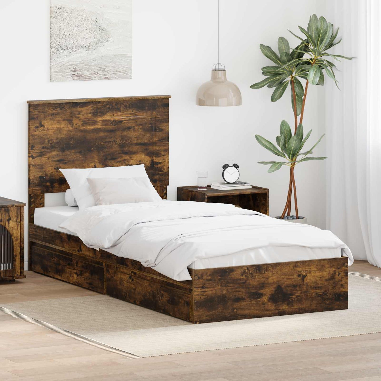 Storage Bed with Drawer Smoked Oak 90 x 190 cm Engineered Wood