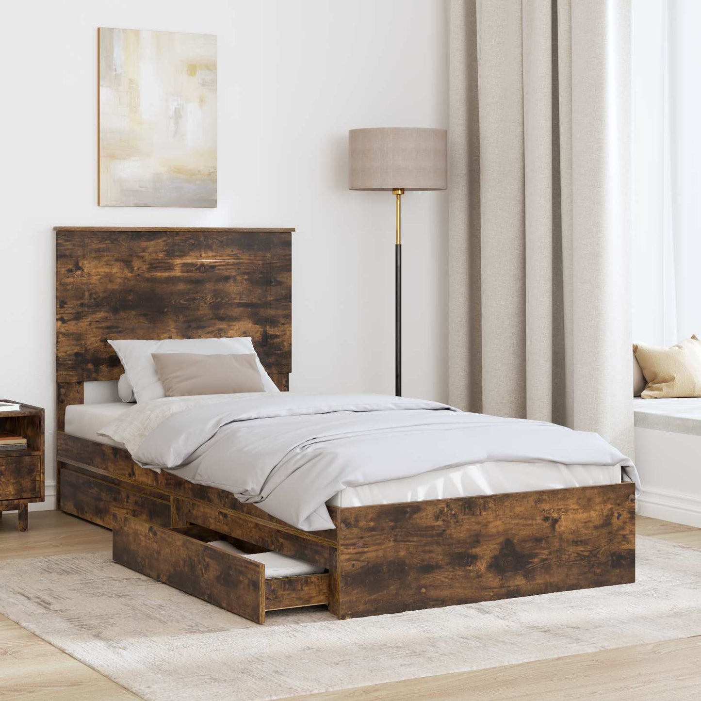 Storage Bed with Drawer Smoked Oak 90 x 190 cm Engineered Wood