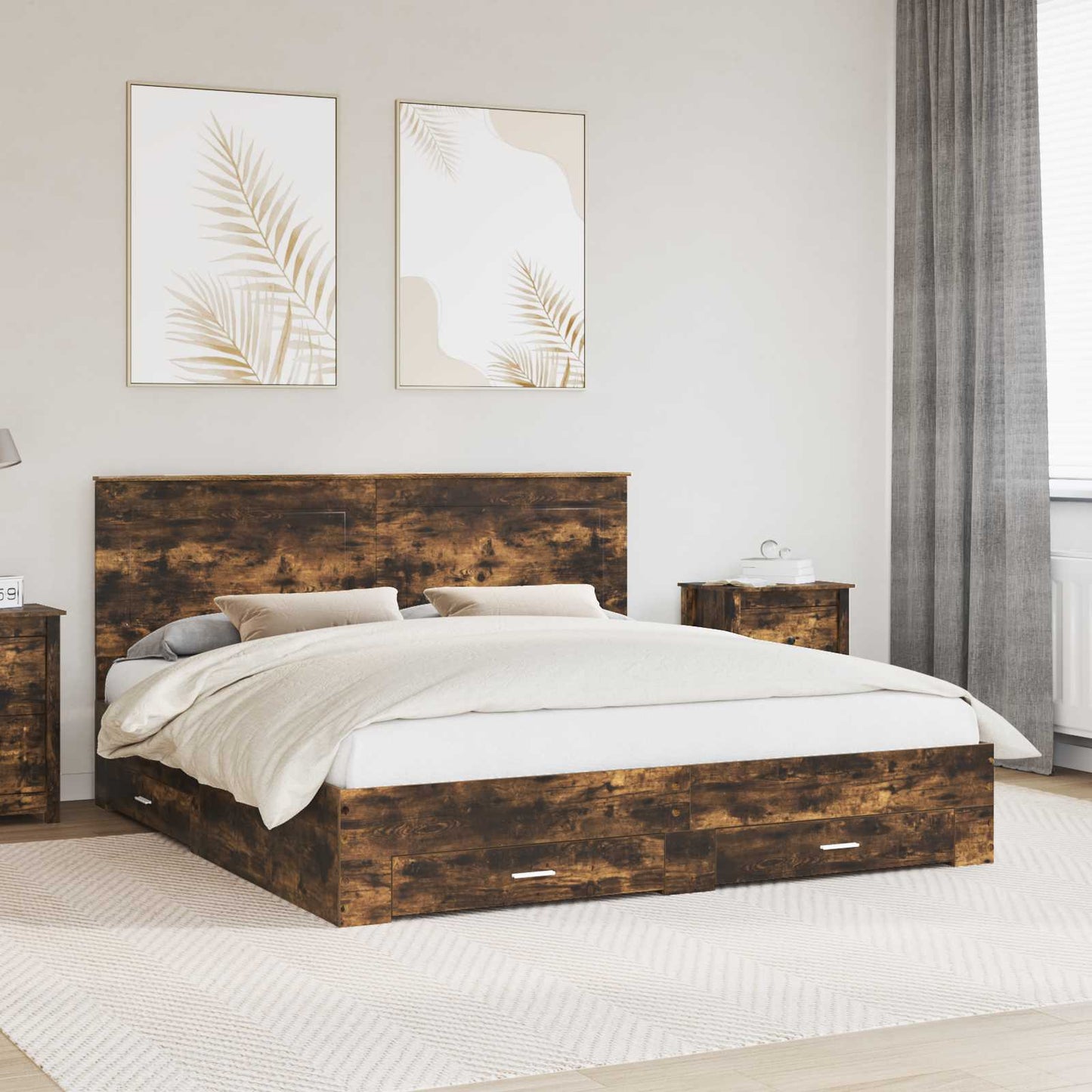 Bed Frame with Drawer Smoked Oak 200 x 200 cm Engineered Wood