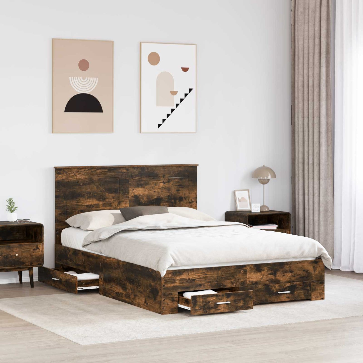Bed Frame with Drawer Smoked Oak 140 x 200 cm Engineered Wood