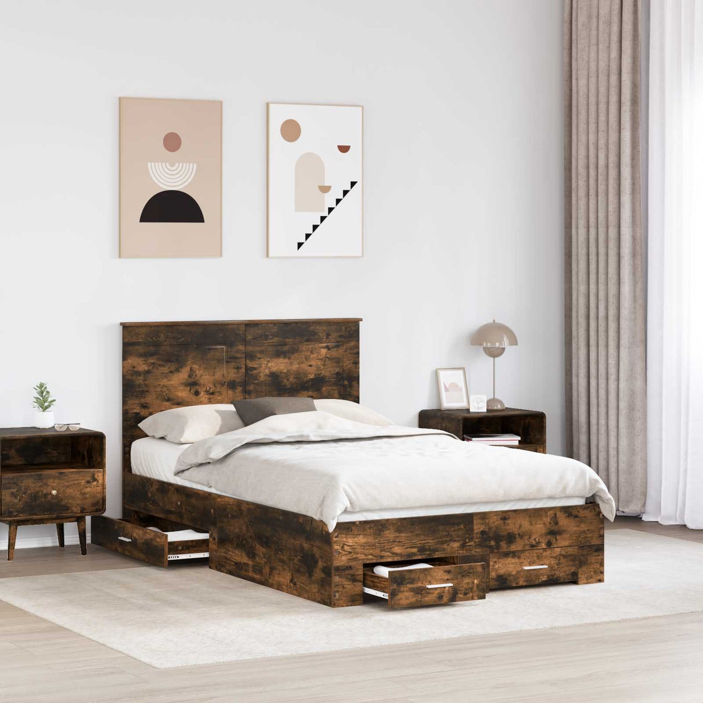 Bed Frame with Drawer Smoked Oak 135 x 190 cm Engineered Wood