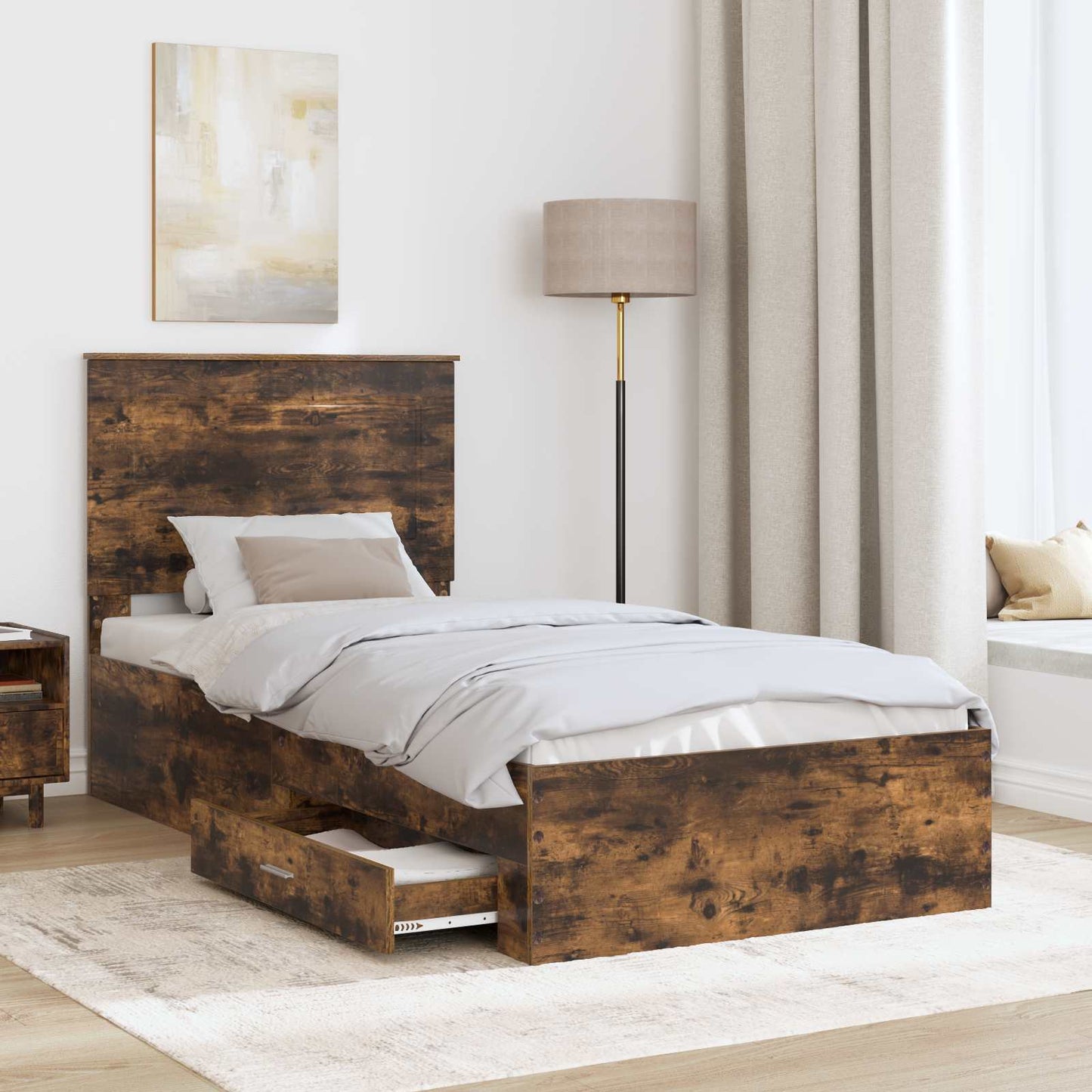 Bed Frame with Drawer Smoked Oak 100 x 200 cm Engineered Wood