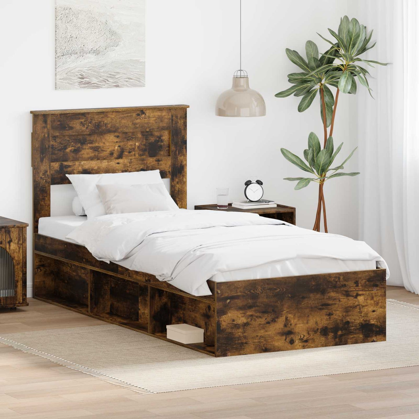Bed Frame with Headboard Smoked Oak 75 x 190 cm Solid Pine Wood