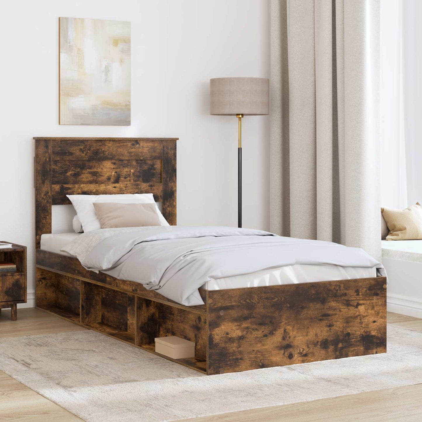 Bed Frame with Headboard Smoked Oak 75 x 190 cm Solid Pine Wood