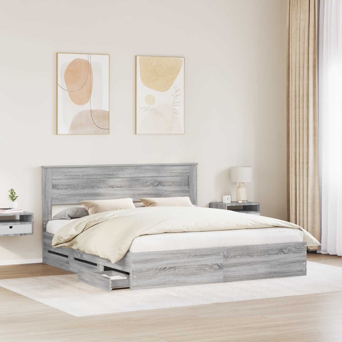 Bed Frame with Drawer Grey Sonoma 200 x 200 cm Engineer Wood