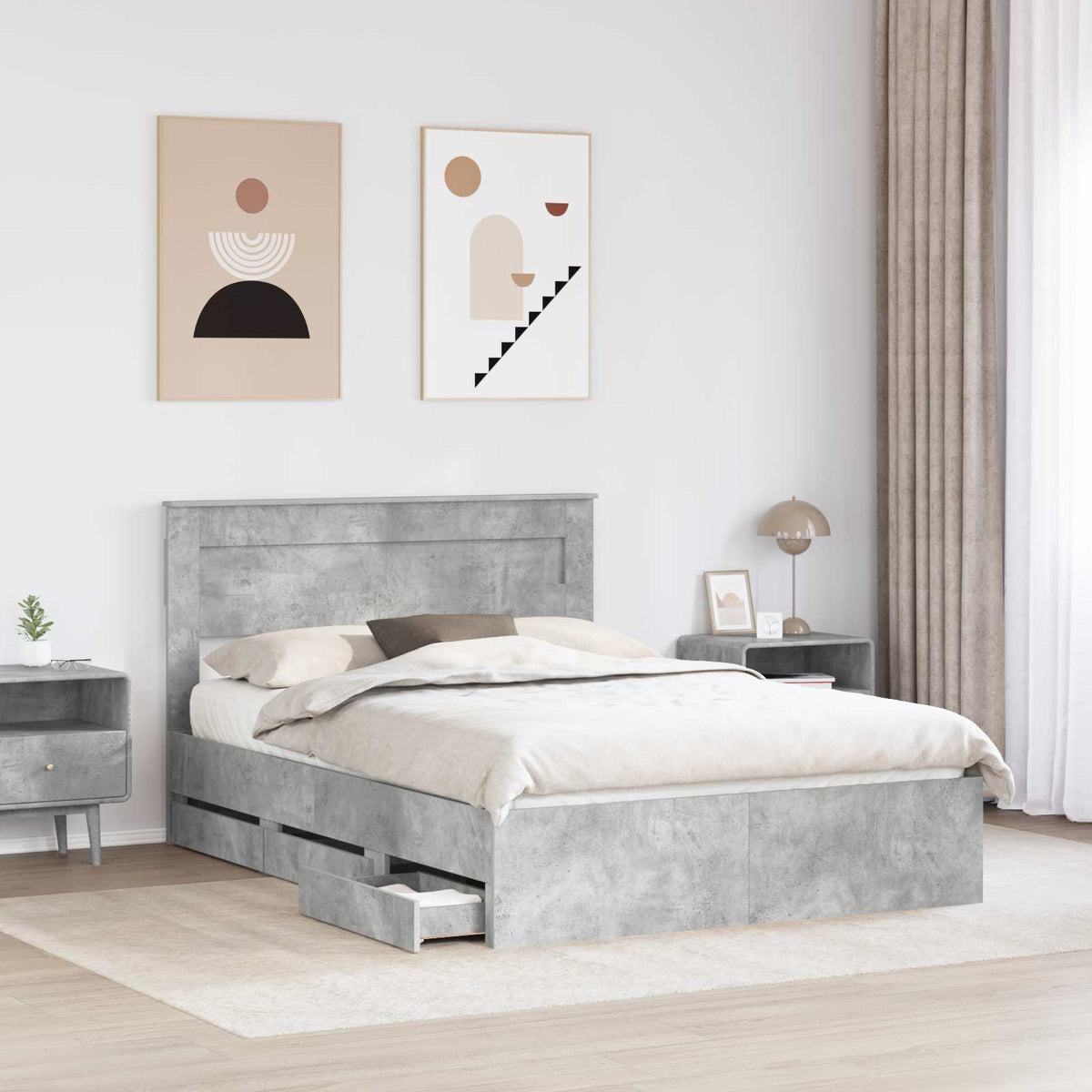 Bed Frame with Drawer Concrete Grey 150 x 200 cm Engineer Wood