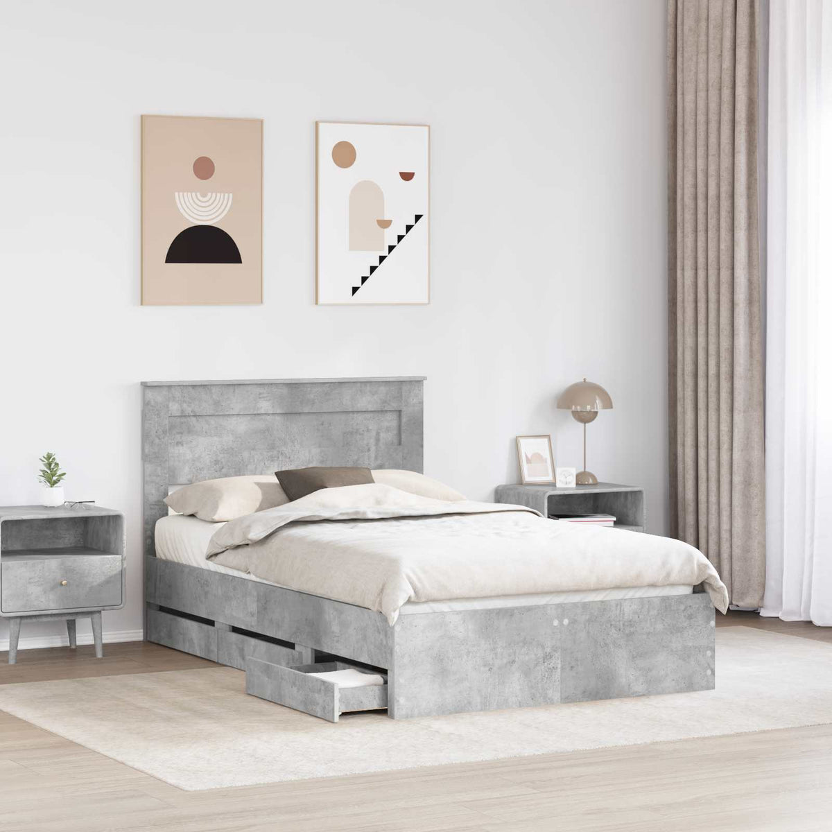 Bed Frame with Drawer Concrete Grey 135 x 190 cm Engineer Wood