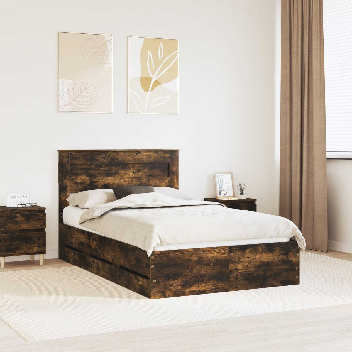 Bed Frame with Drawer Smoked Oak 135 x 190 cm Engineer Wood