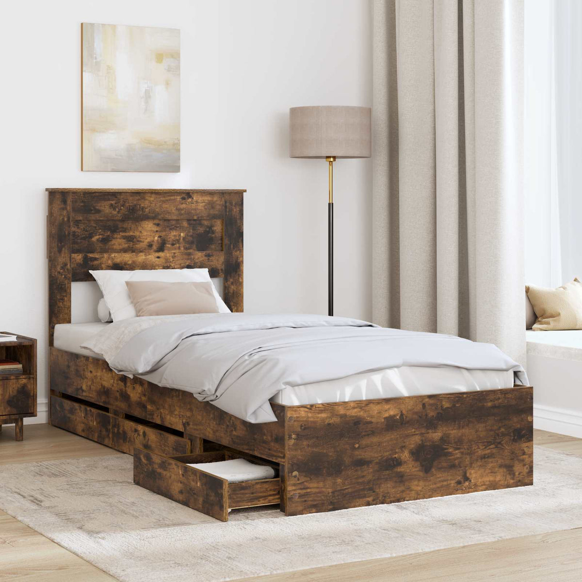 Bed Frame with Drawer Smoked Oak 100 x 200 cm Engineer Wood