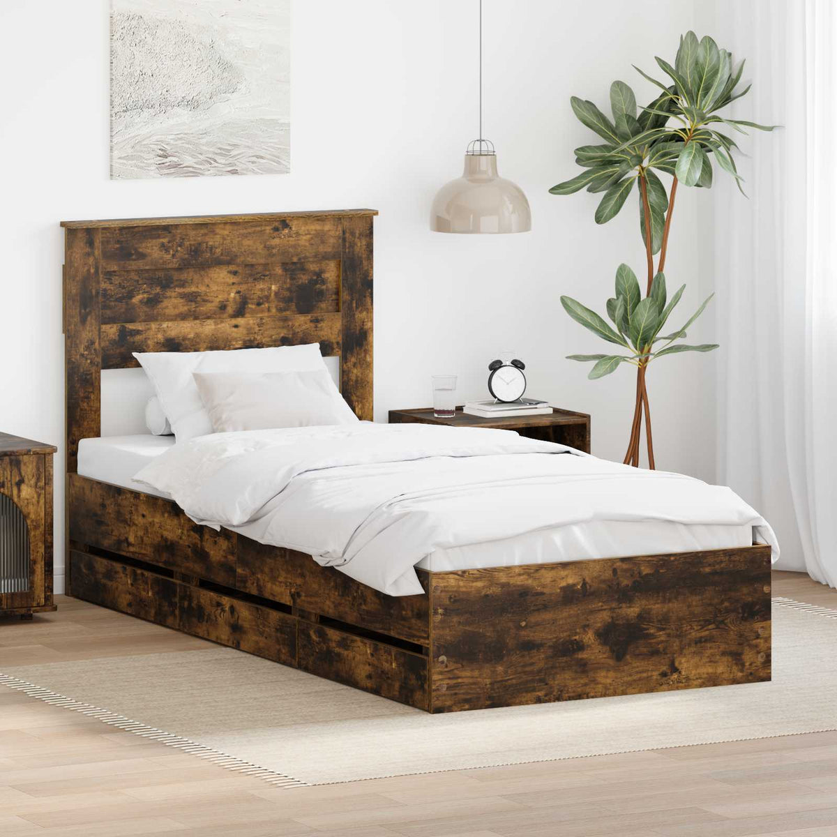 Bed Frame with Drawer Smoked Oak 75 x 190 cm Engineer Wood
