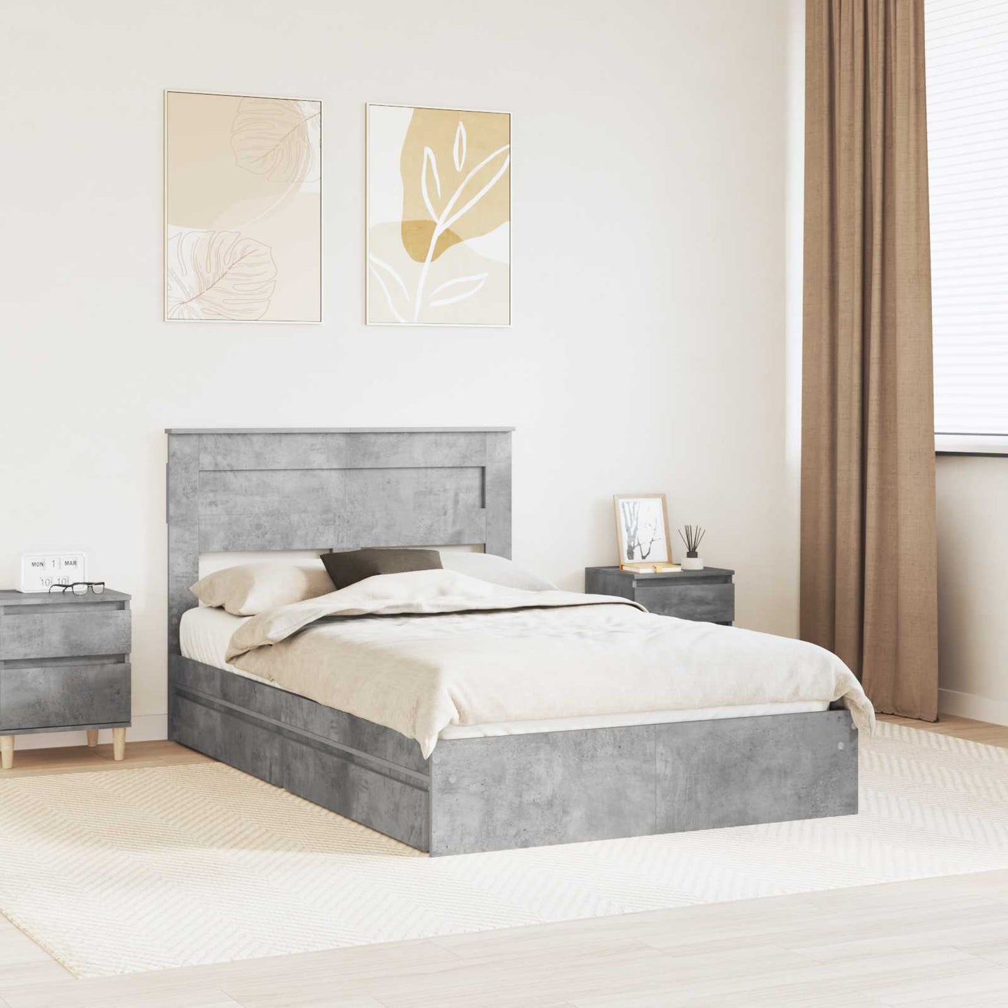 Storage Bed Concrete Grey 135 x 190 cm Engineered Wood