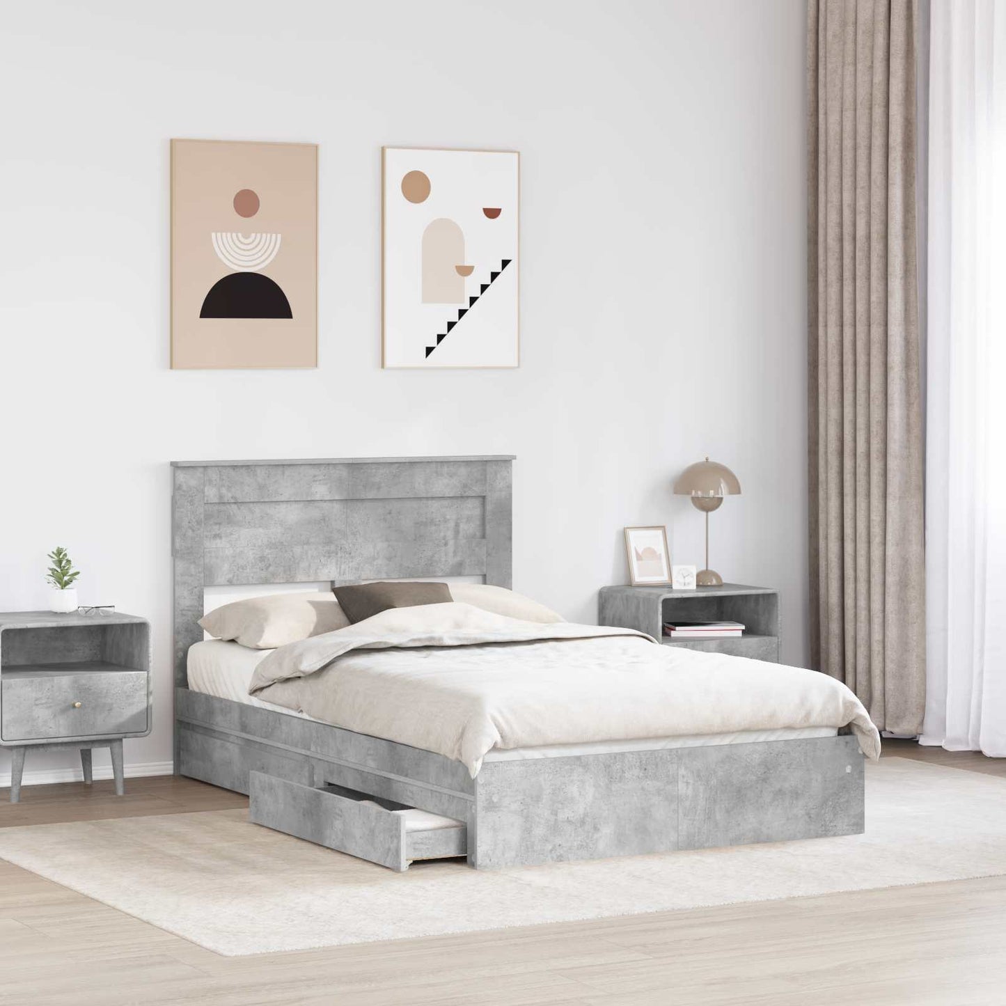 Storage Bed Concrete Grey 135 x 190 cm Engineered Wood