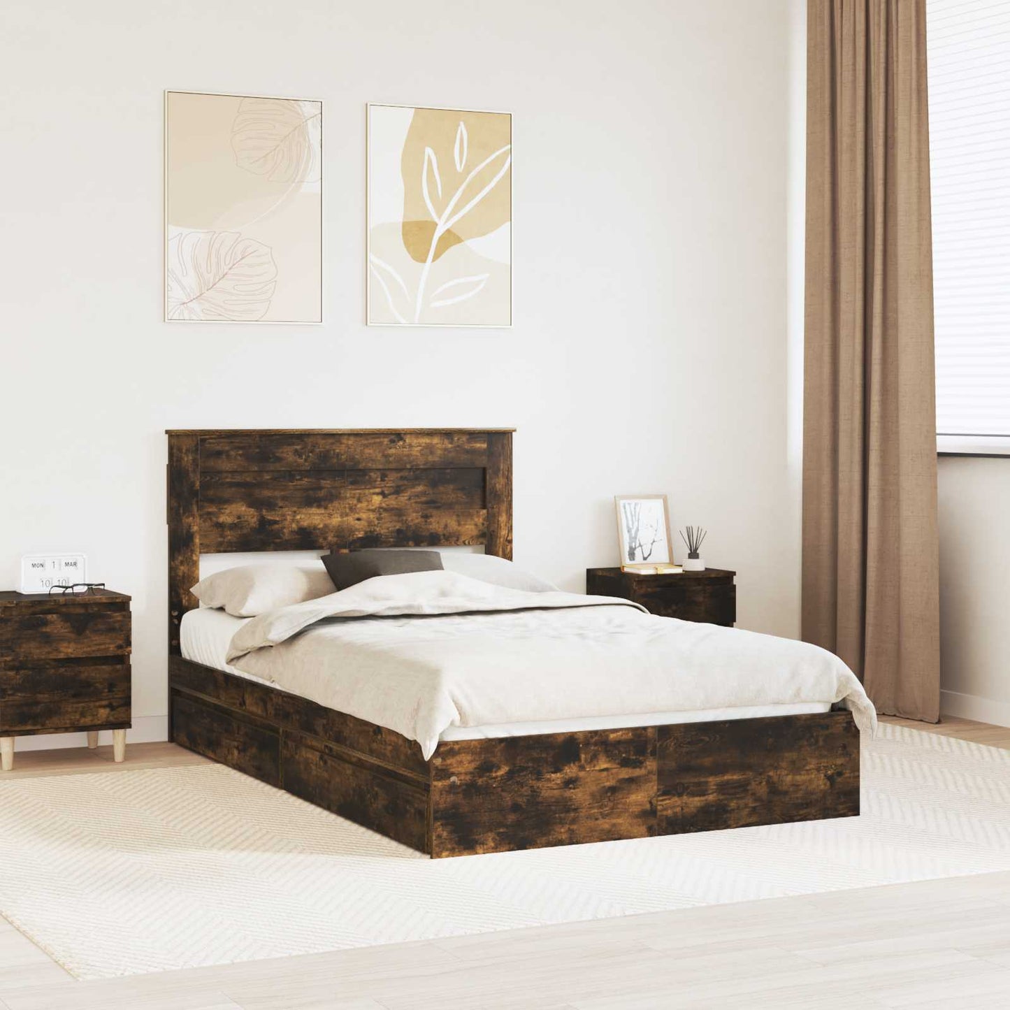 Storage Bed with Drawer Smoked Oak 135 x 190 cm Engineered Wood
