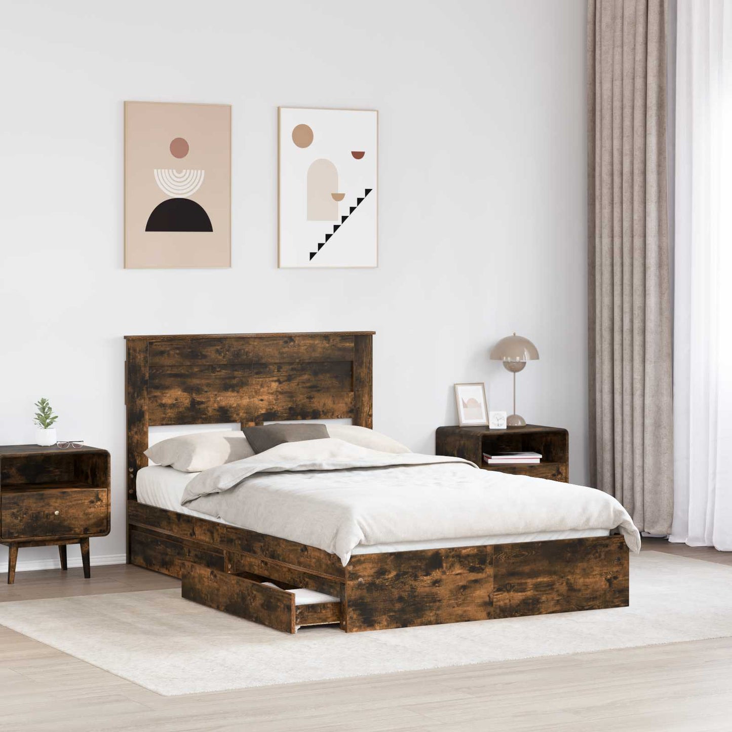 Storage Bed with Drawer Smoked Oak 135 x 190 cm Engineered Wood