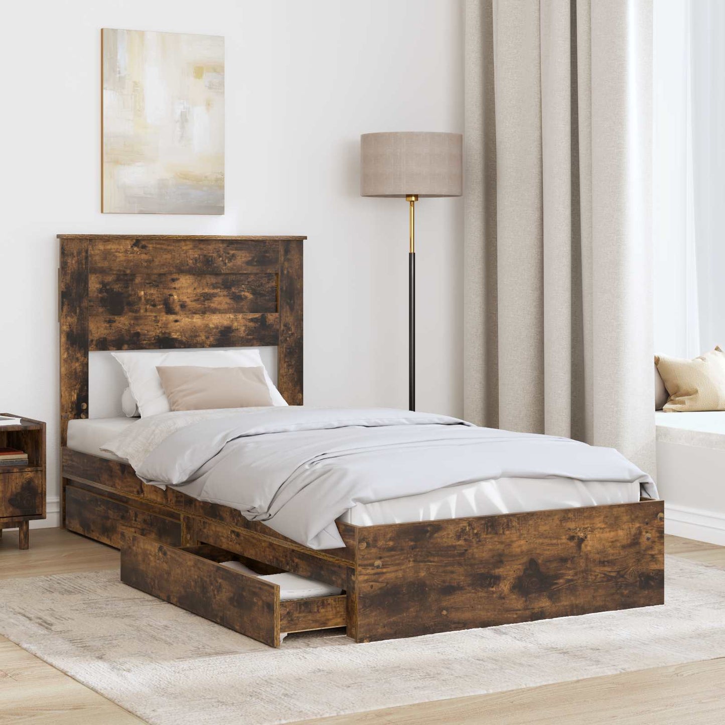 Storage Bed with Drawer Smoked Oak 100 x 200 cm Engineered Wood