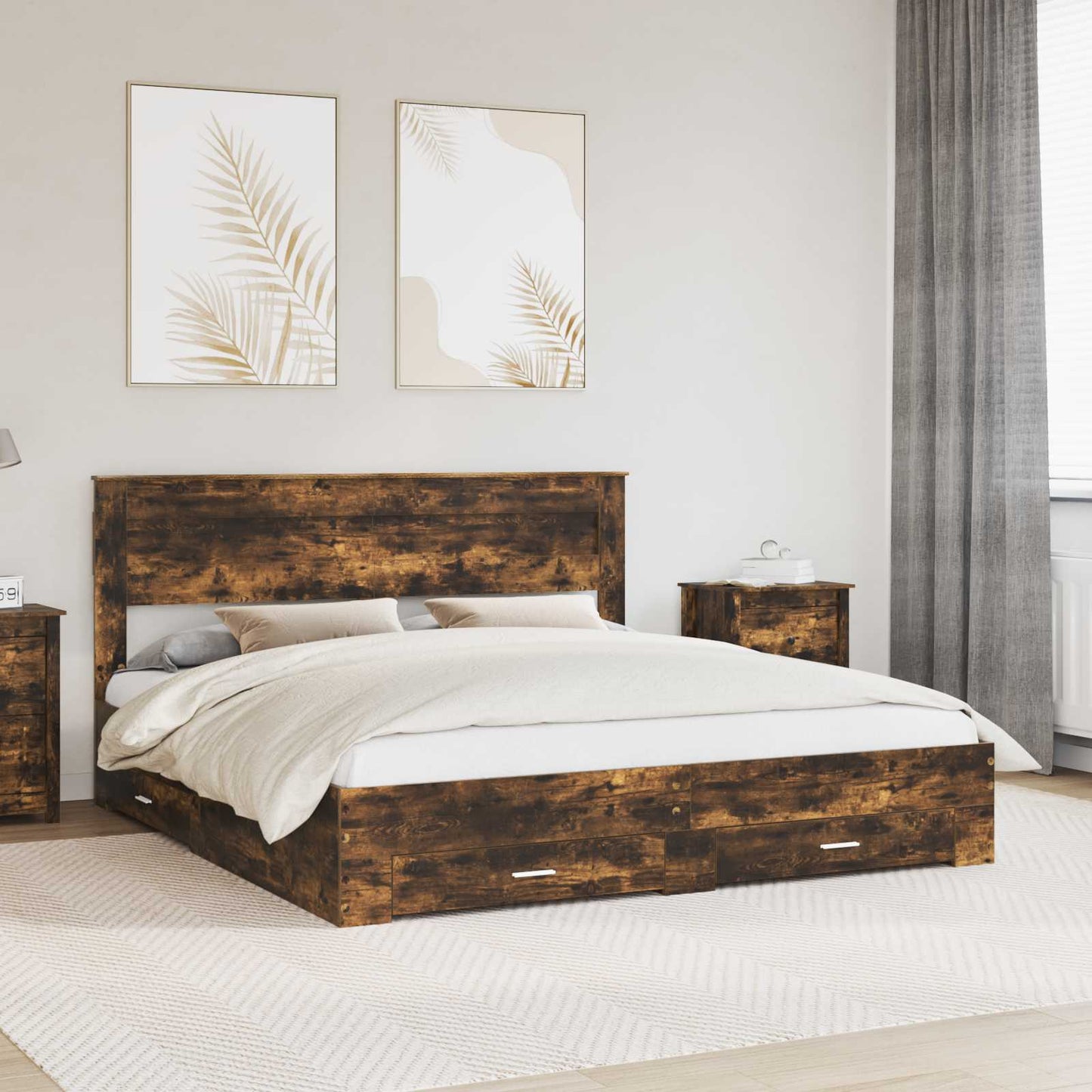 Bed Frame with Drawer Smoked Oak 200 x 200 cm Engineered Wood