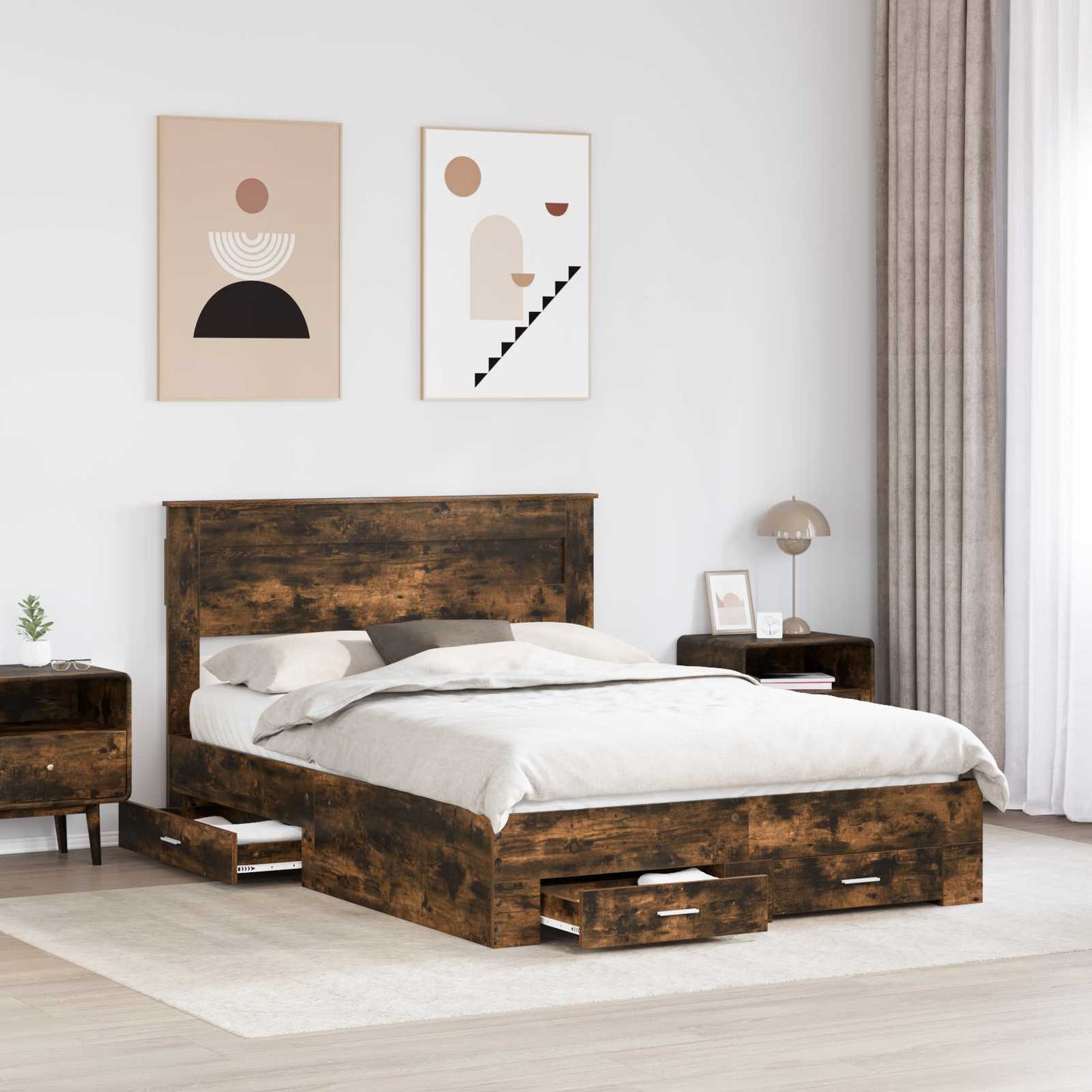 Bed Frame with Drawer Smoked Oak 140 x 200 cm Engineered Wood