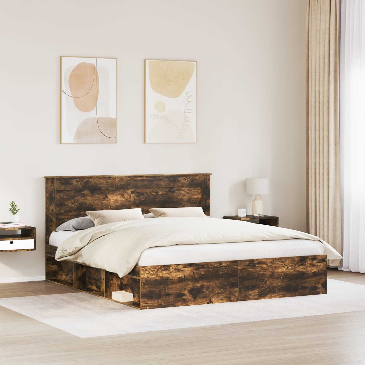 Bed Frame Smoked Oak 200 x 200 cm Solid Pine Wood