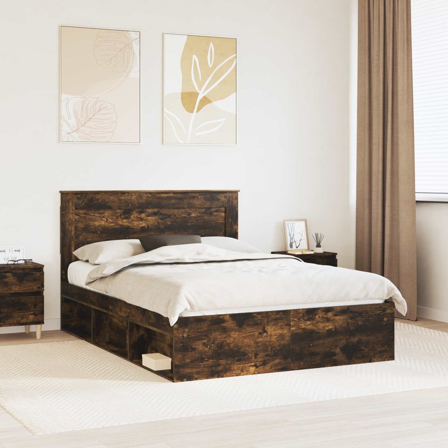 Bed Frame with Drawer Smoked Oak 150 x 200 cm Solid Pine Wood