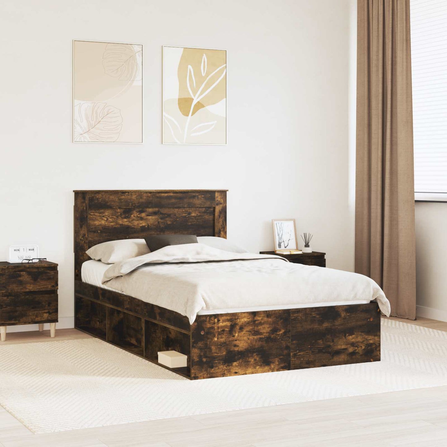 Bed Frame with Drawer Smoked Oak 120 x 190 cm Solid Pine Wood
