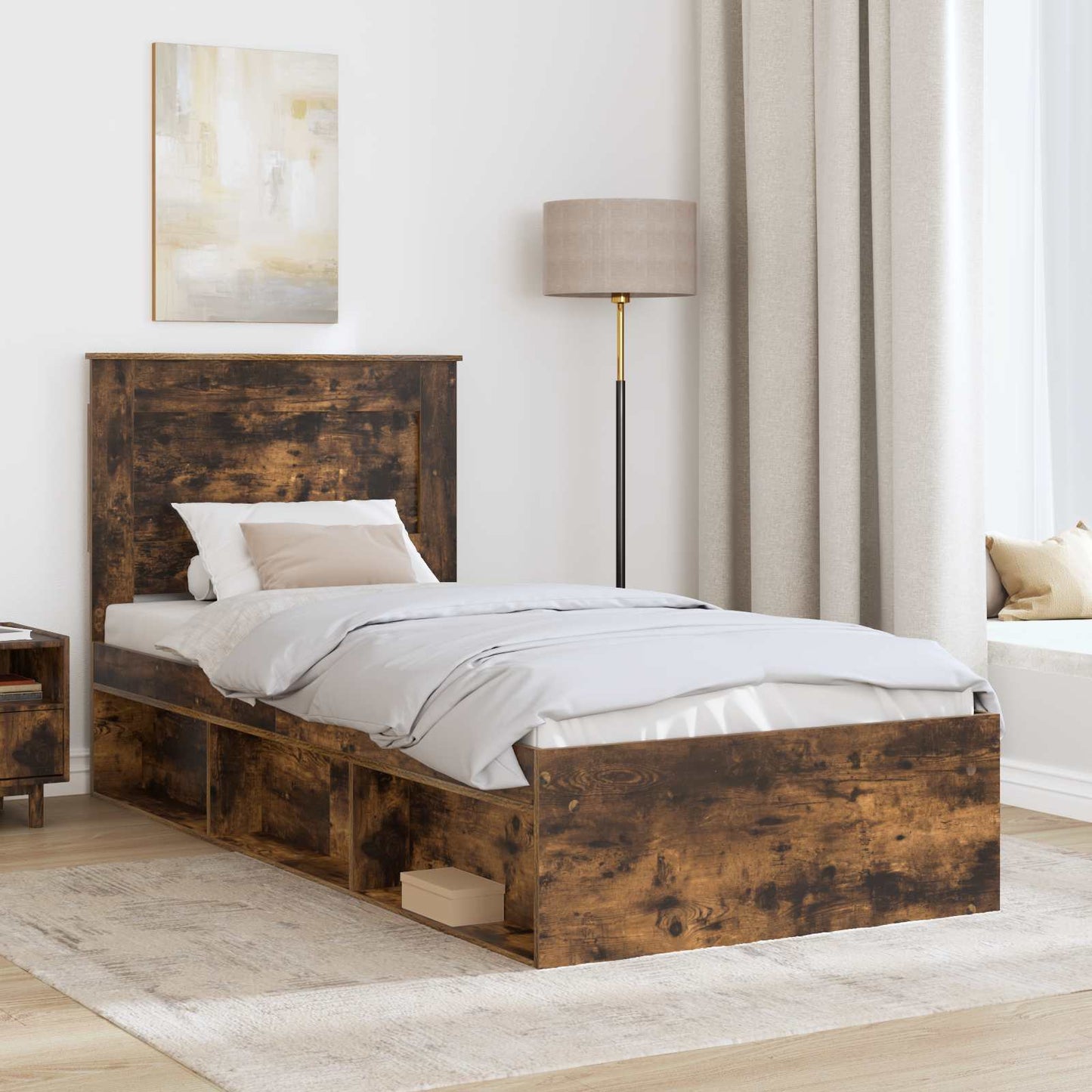 Bed Frame with Drawer Smoked Oak 100 x 200 cm Solid Pine Wood