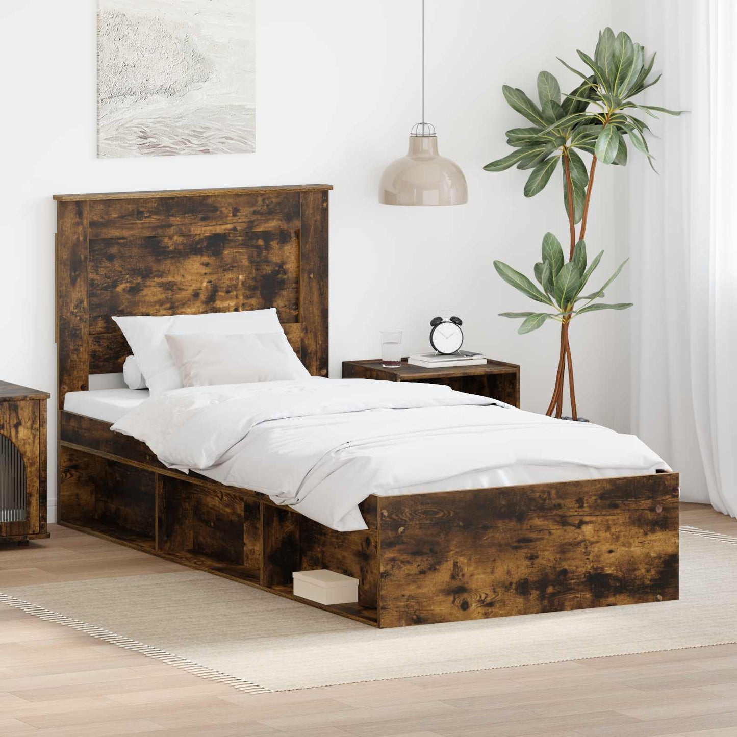 Bed Frame with Headboard Smoked Oak 90 x 190 cm Solid Pine Wood