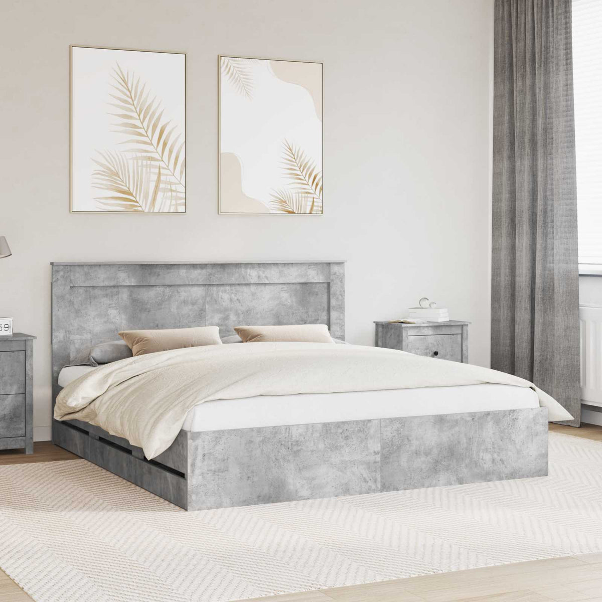 Bed Frame with Drawer Concrete Grey 200 x 200 cm Engineer Wood