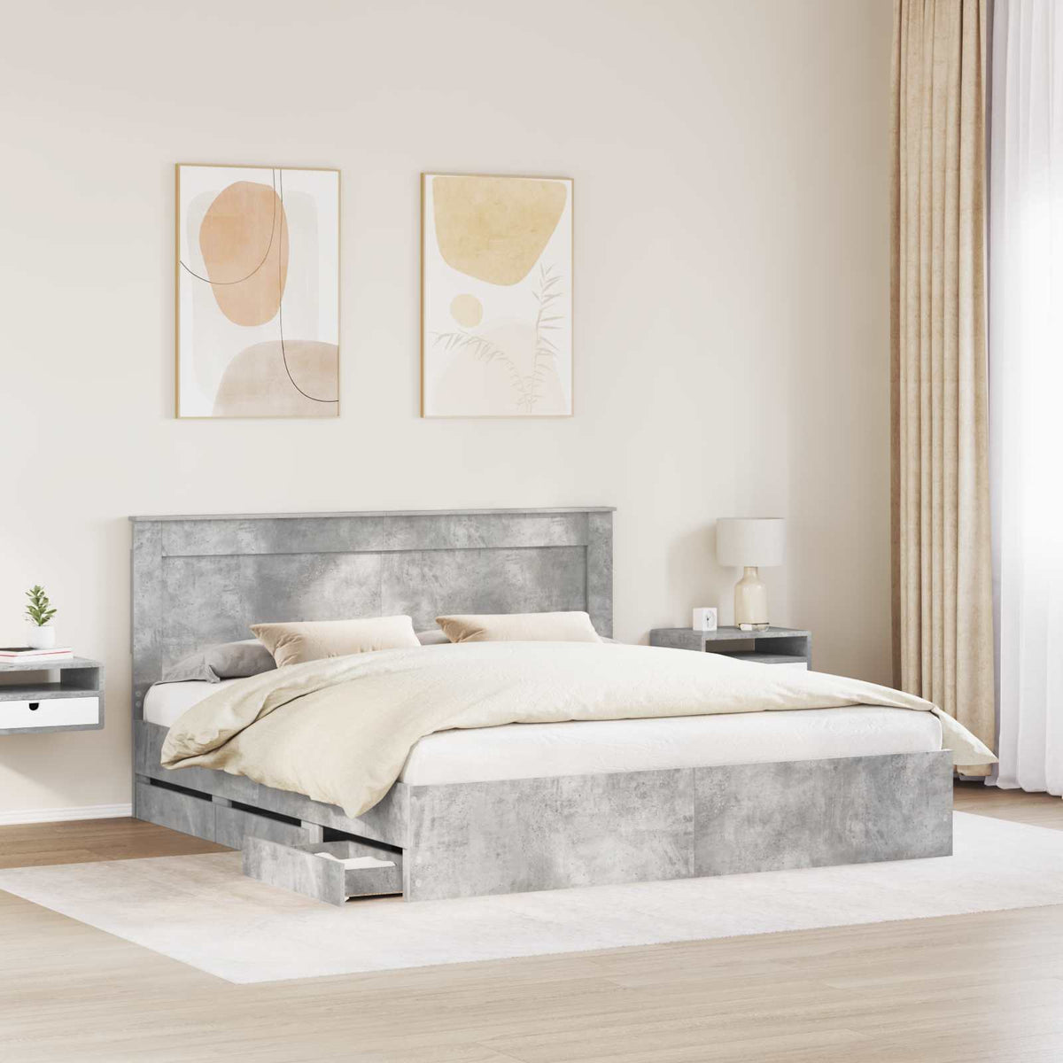 Bed Frame with Drawer Concrete Grey 180 x 200 cm Engineer Wood