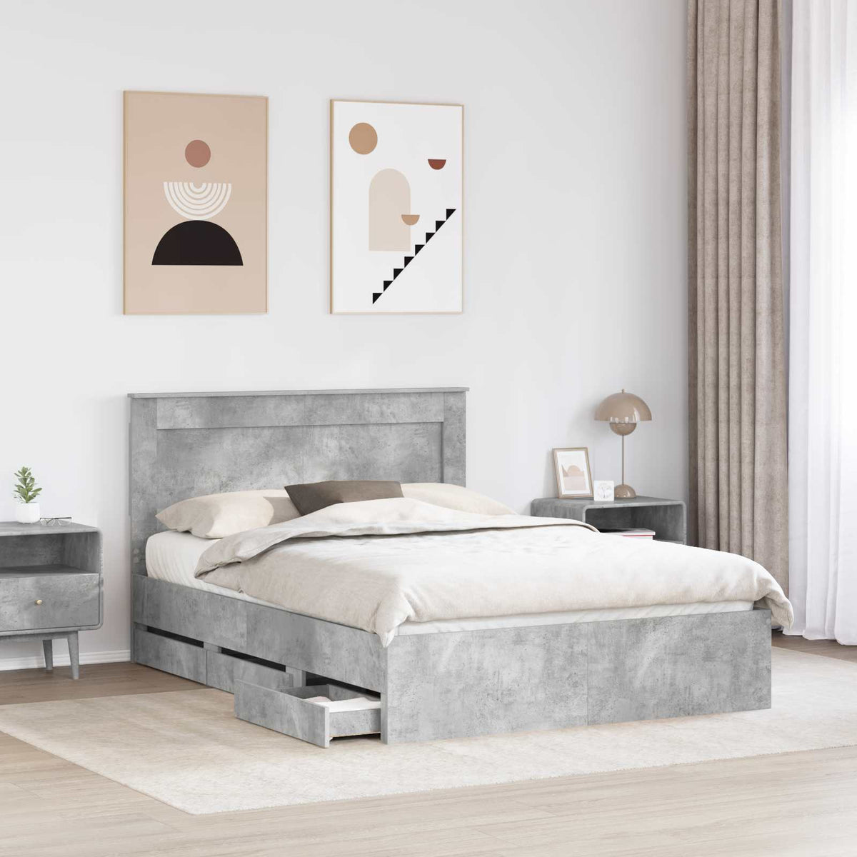 Bed Frame with Drawer Concrete Grey 150 x 200 cm Engineer Wood