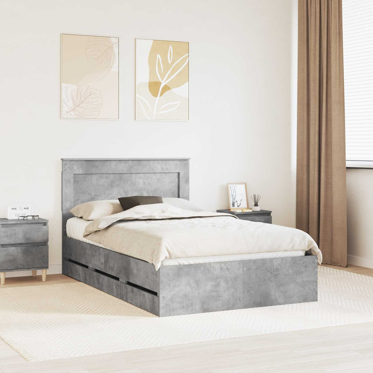 Bed Frame with Drawer Concrete Grey 135 x 190 cm Engineer Wood