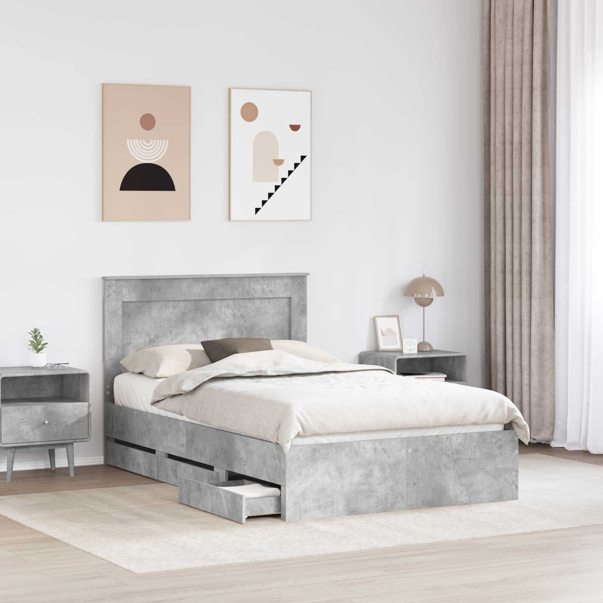 Bed Frame with Drawer Concrete Grey 135 x 190 cm Engineer Wood