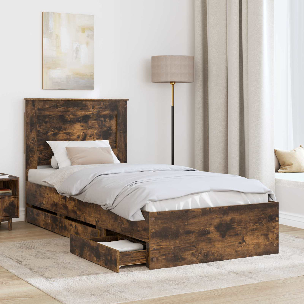 Bed Frame with Drawer Smoked Oak 90 x 190 cm Engineer Wood