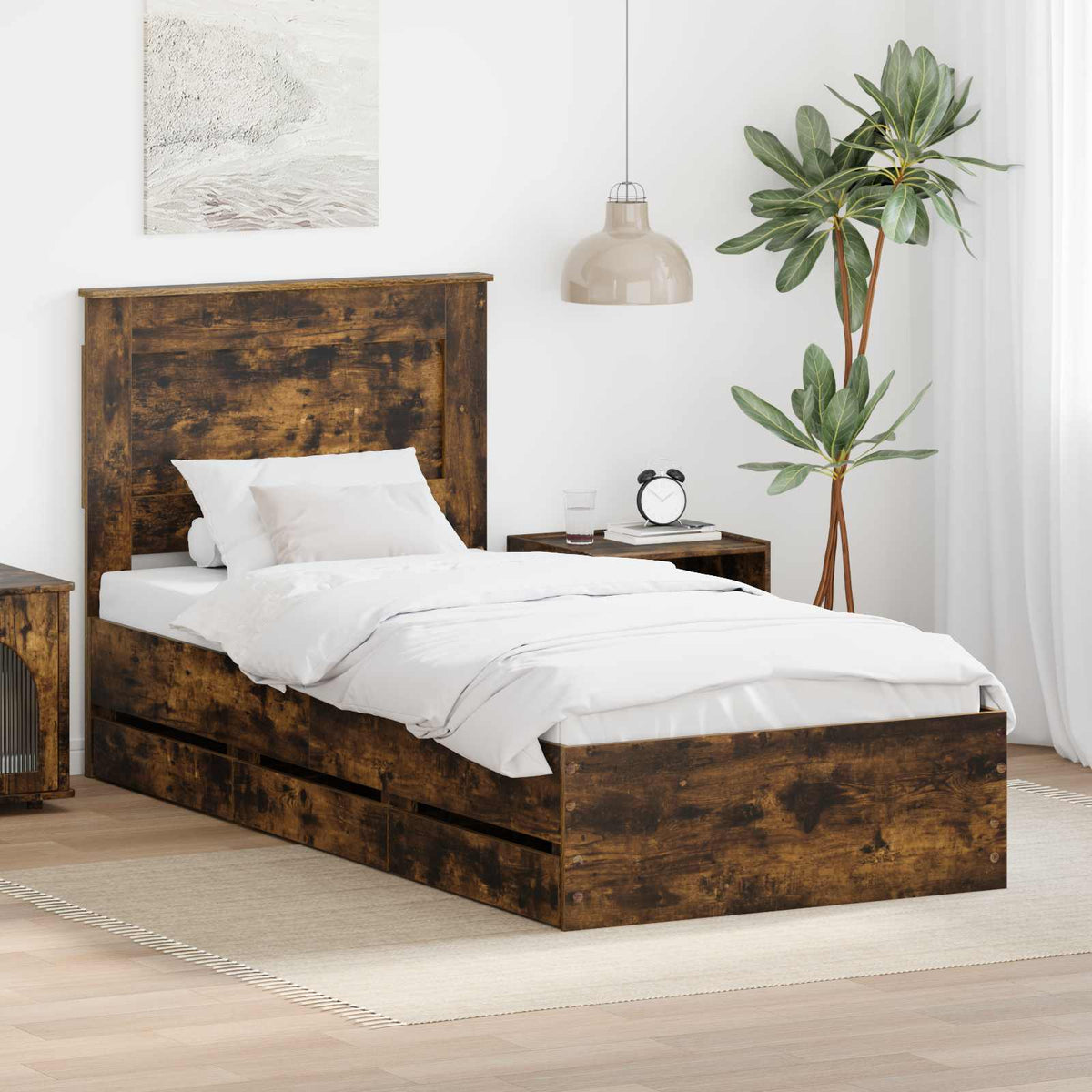 Bed Frame with Drawer Smoked Oak 90 x 200 cm Engineer Wood