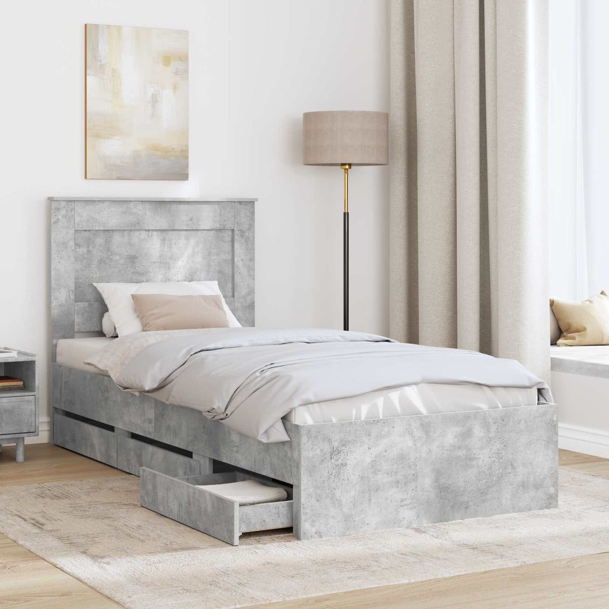 Bed Frame with Drawer Concrete Grey 75 x 190 cm Engineer Wood